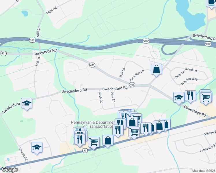 map of restaurants, bars, coffee shops, grocery stores, and more near 285 Swedesford Road in Malvern