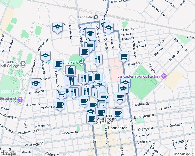 map of restaurants, bars, coffee shops, grocery stores, and more near 530 North Queen Street in Lancaster