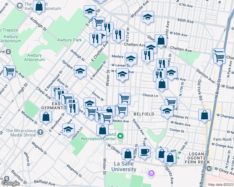 map of restaurants, bars, coffee shops, grocery stores, and more near 6054 North Norwood Street in Philadelphia