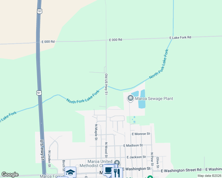 map of restaurants, bars, coffee shops, grocery stores, and more near 15110 North Wood Street in Maroa