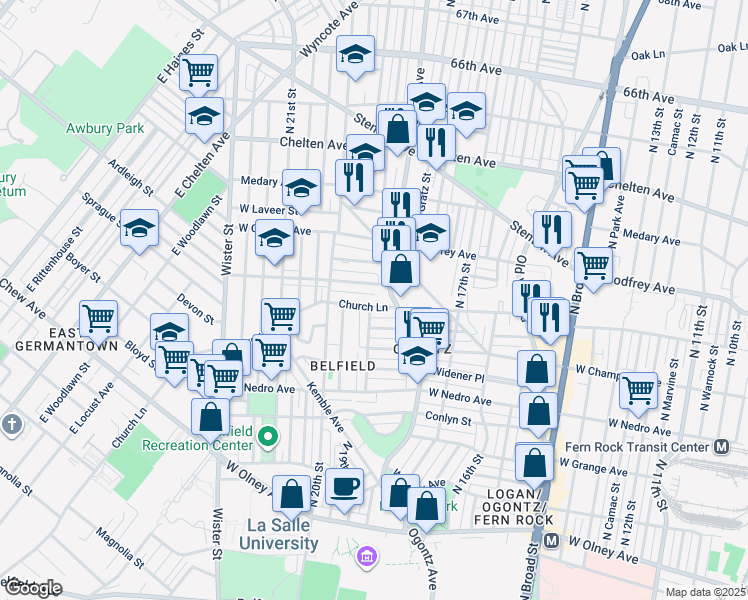 map of restaurants, bars, coffee shops, grocery stores, and more near 1931 Church Lane in Philadelphia
