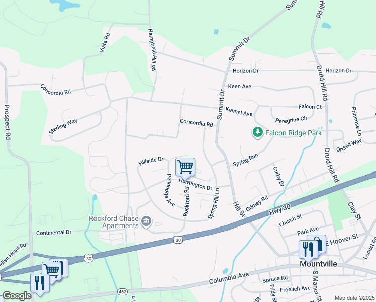 map of restaurants, bars, coffee shops, grocery stores, and more near 312 Pennridge Avenue in Mountville