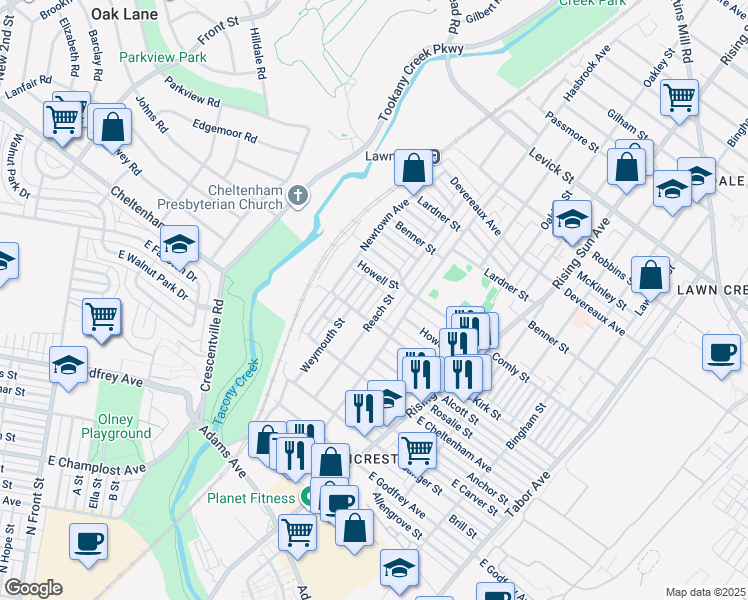 map of restaurants, bars, coffee shops, grocery stores, and more near 5927 Weymouth Street in Philadelphia