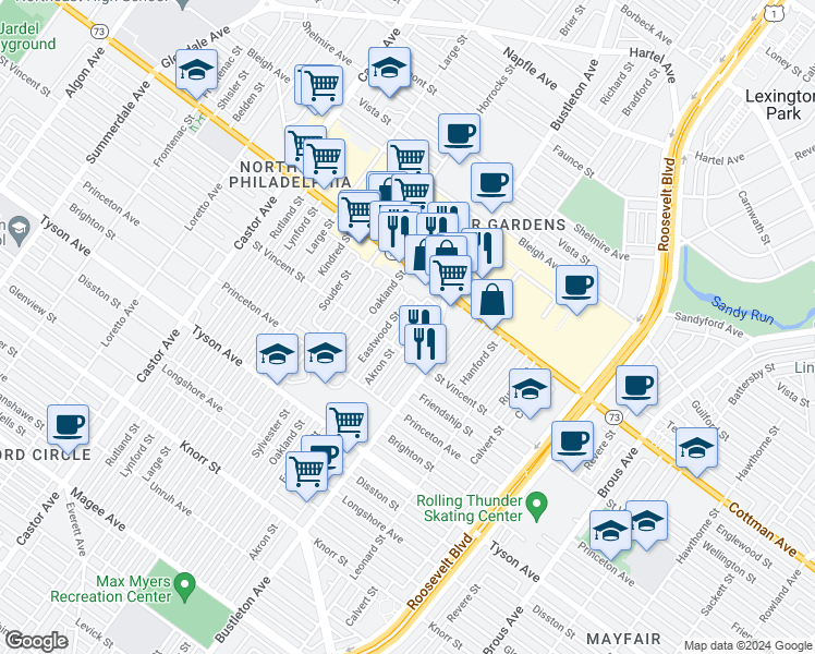 map of restaurants, bars, coffee shops, grocery stores, and more near 7226 Saul Street in Philadelphia