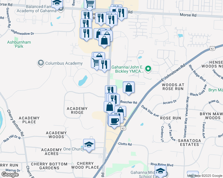 map of restaurants, bars, coffee shops, grocery stores, and more near 426 Beecher Road in Columbus