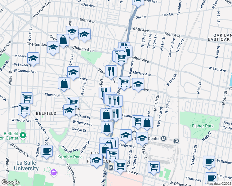 map of restaurants, bars, coffee shops, grocery stores, and more near 6116 North Broad Street in Philadelphia
