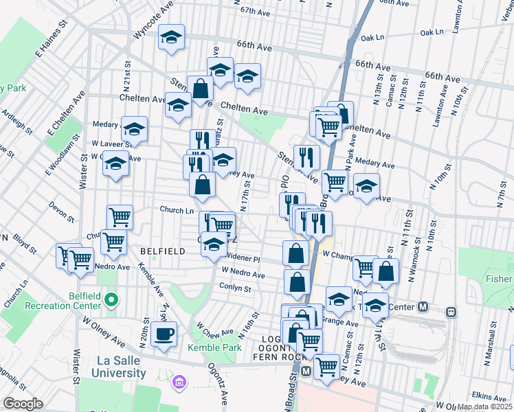map of restaurants, bars, coffee shops, grocery stores, and more near 1627 Church Lane in Philadelphia