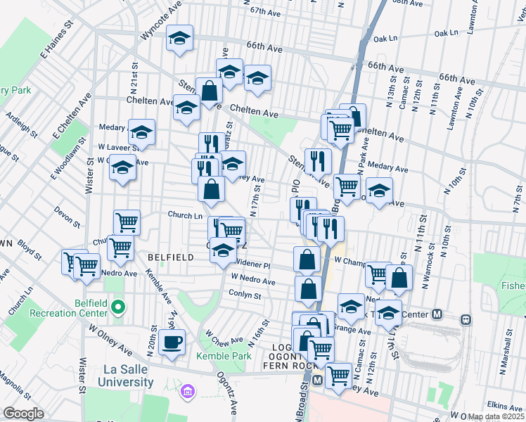 map of restaurants, bars, coffee shops, grocery stores, and more near 1631 Church Lane in Philadelphia