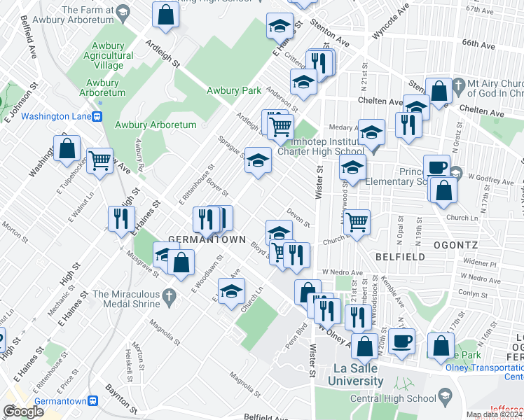 map of restaurants, bars, coffee shops, grocery stores, and more near 916 East Woodlawn Street in Philadelphia