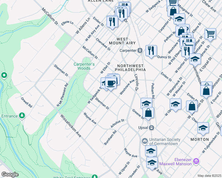 map of restaurants, bars, coffee shops, grocery stores, and more near 553 Carpenter Lane in Philadelphia