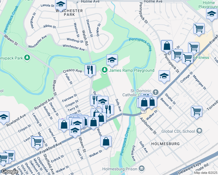 map of restaurants, bars, coffee shops, grocery stores, and more near 8255 Crispin Street in Philadelphia