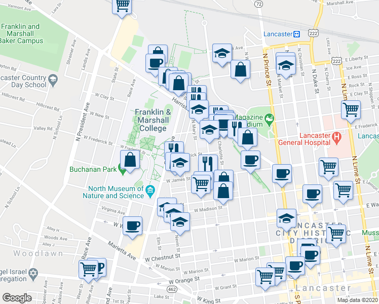 map of restaurants, bars, coffee shops, grocery stores, and more near 519 West Frederick Street in Lancaster