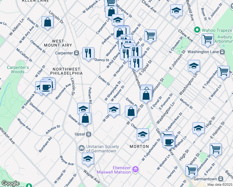 map of restaurants, bars, coffee shops, grocery stores, and more near 133 West Weaver Street in Philadelphia
