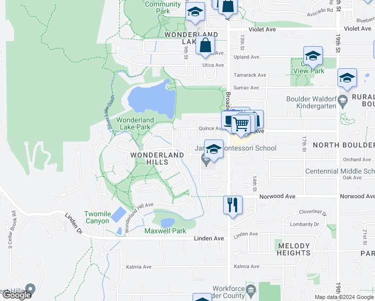 map of restaurants, bars, coffee shops, grocery stores, and more near 767 Poplar Place in Boulder