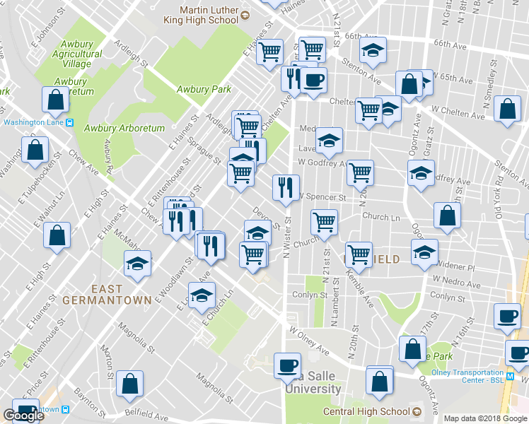 map of restaurants, bars, coffee shops, grocery stores, and more near 5549 Devon Street in Philadelphia