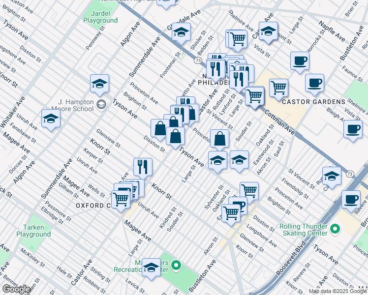 map of restaurants, bars, coffee shops, grocery stores, and more near 1513 Tyson Avenue in Philadelphia