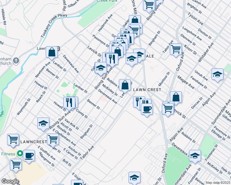 map of restaurants, bars, coffee shops, grocery stores, and more near 607 McKinley Street in Philadelphia