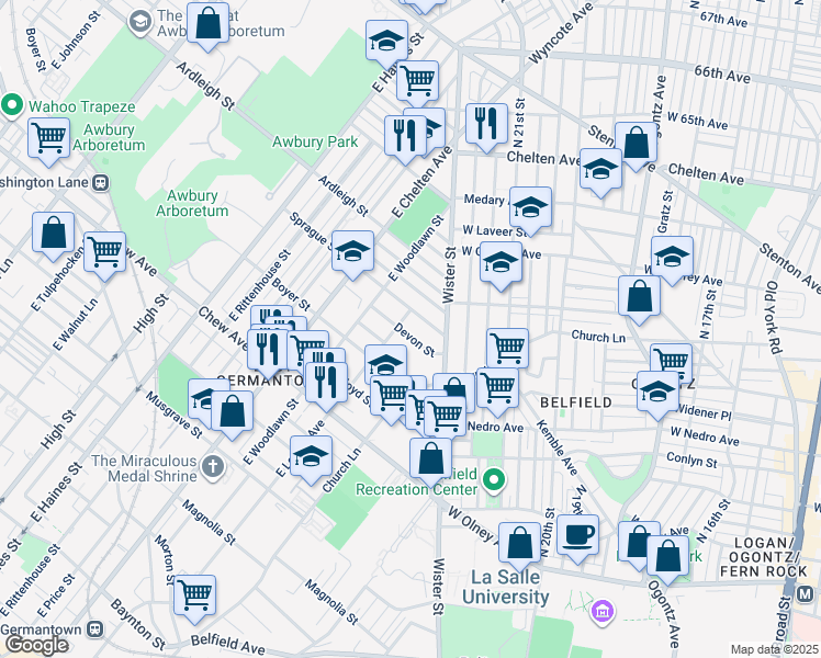 map of restaurants, bars, coffee shops, grocery stores, and more near 5549 Devon Street in Philadelphia