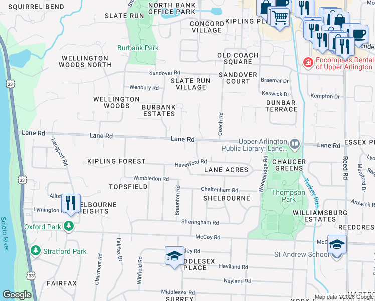 map of restaurants, bars, coffee shops, grocery stores, and more near 2321 Lane Road in Columbus