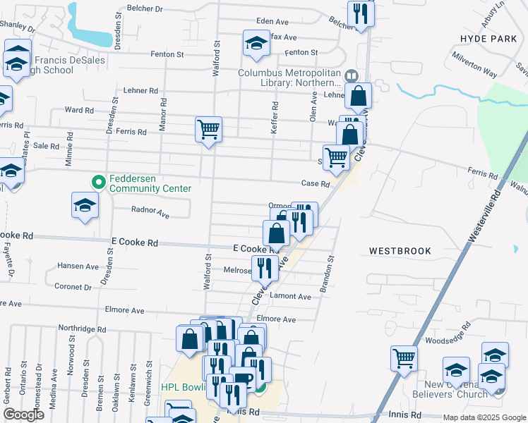 map of restaurants, bars, coffee shops, grocery stores, and more near 2066 Ormond Avenue in Columbus