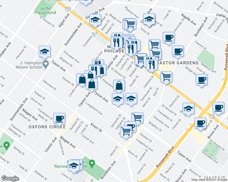 map of restaurants, bars, coffee shops, grocery stores, and more near 7049 Large Street in Philadelphia