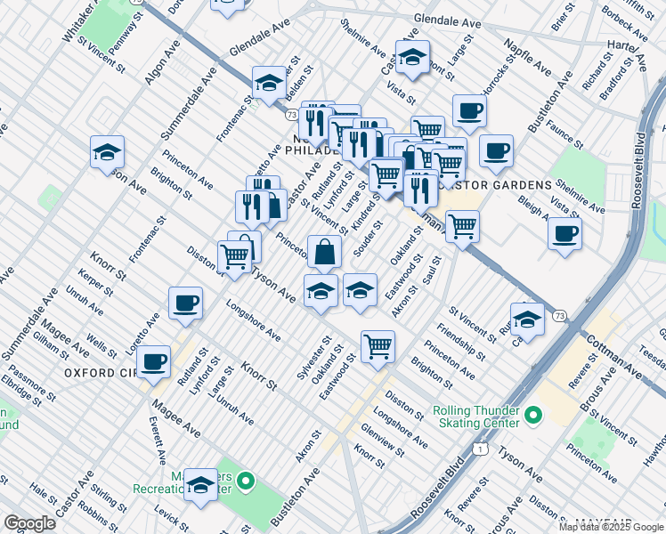 map of restaurants, bars, coffee shops, grocery stores, and more near 7117 Kindred Street in Philadelphia