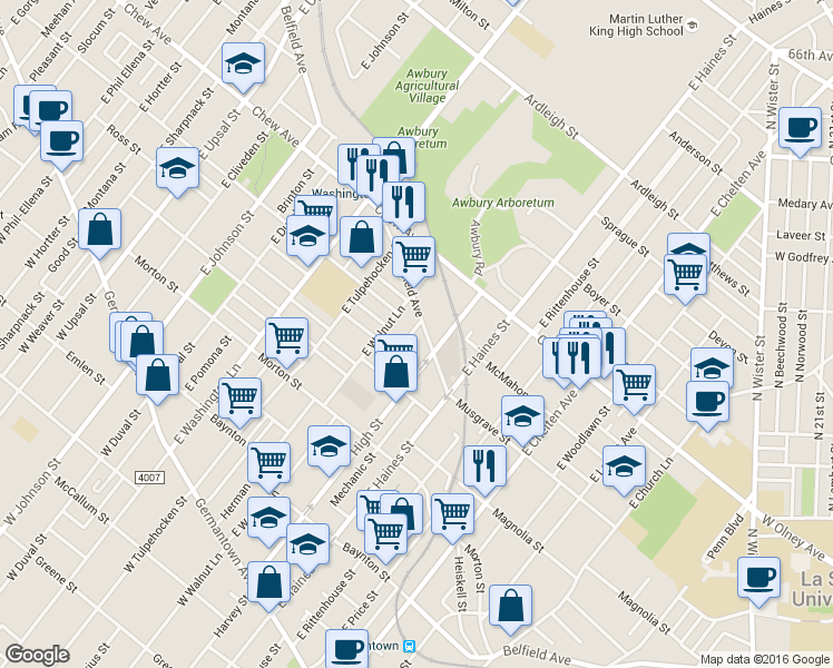 map of restaurants, bars, coffee shops, grocery stores, and more near 470 East Cosgrove Street in Philadelphia