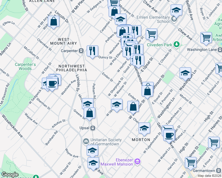 map of restaurants, bars, coffee shops, grocery stores, and more near 222 West Hortter Street in Philadelphia