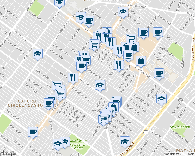 map of restaurants, bars, coffee shops, grocery stores, and more near 7054 Large Street in Philadelphia
