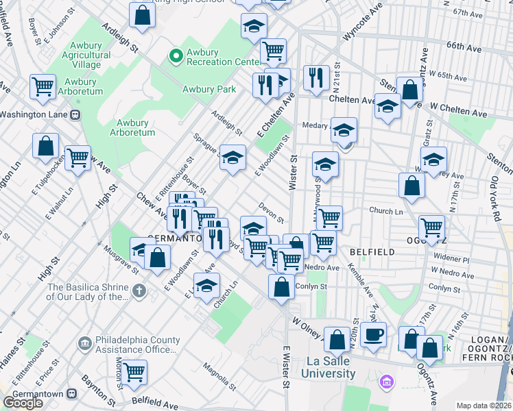 map of restaurants, bars, coffee shops, grocery stores, and more near 5612 Devon Street in Philadelphia