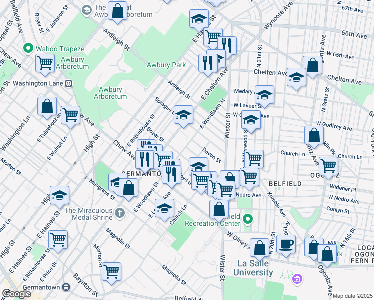 map of restaurants, bars, coffee shops, grocery stores, and more near 919 East Woodlawn Street in Philadelphia