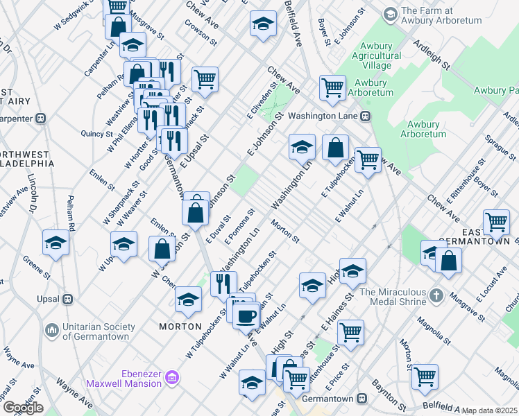 map of restaurants, bars, coffee shops, grocery stores, and more near 6329 Morton Street in Philadelphia
