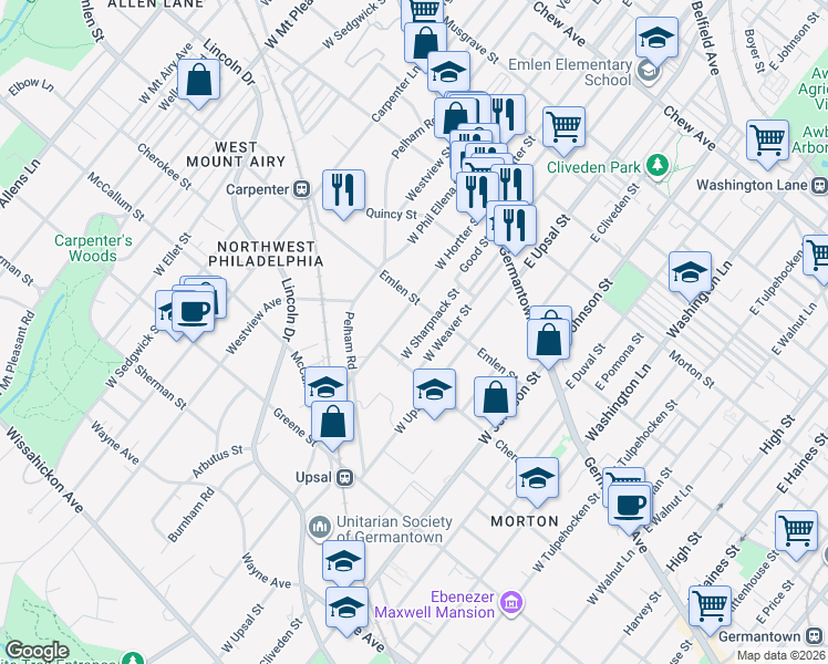 map of restaurants, bars, coffee shops, grocery stores, and more near 222 West Hortter Street in Philadelphia
