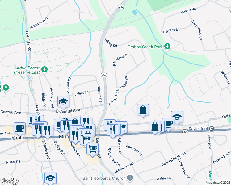 map of restaurants, bars, coffee shops, grocery stores, and more near 278 Friendship Drive in Paoli