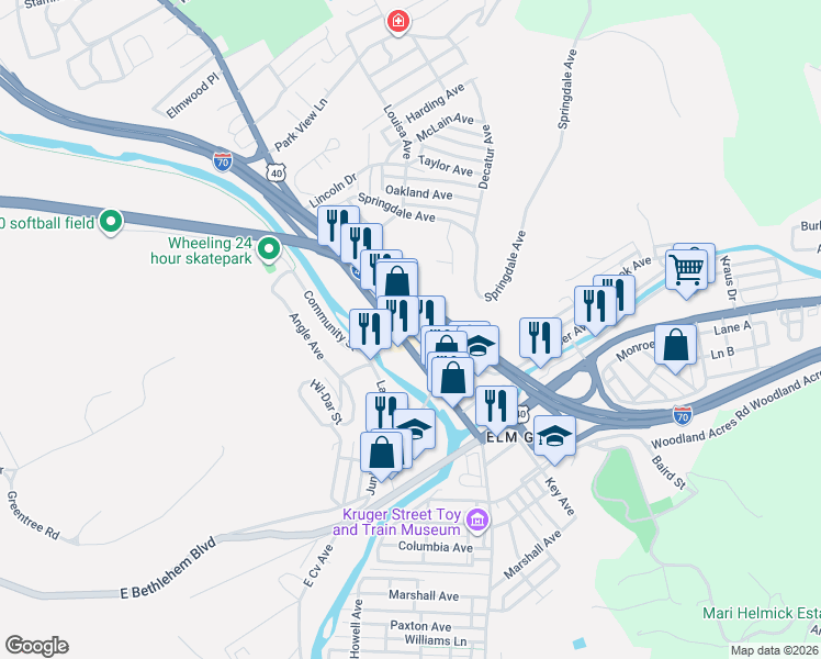 map of restaurants, bars, coffee shops, grocery stores, and more near Liberty Street in Wheeling