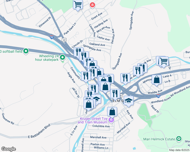 map of restaurants, bars, coffee shops, grocery stores, and more near Liberty Street in Wheeling