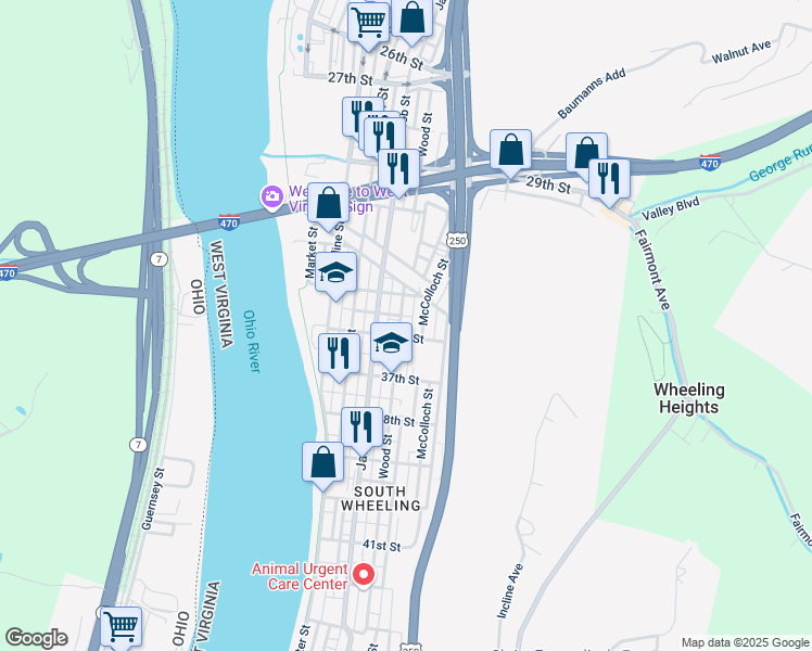 map of restaurants, bars, coffee shops, grocery stores, and more near 3521 Wood Street in Wheeling