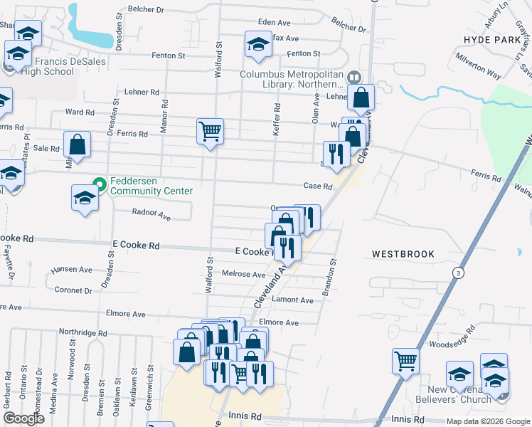 map of restaurants, bars, coffee shops, grocery stores, and more near 2066 Ormond Avenue in Columbus