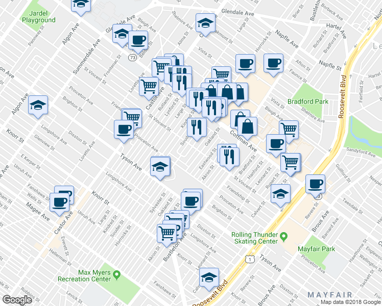 map of restaurants, bars, coffee shops, grocery stores, and more near 7133 Horrocks Street in Philadelphia