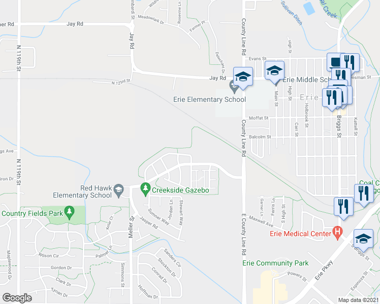map of restaurants, bars, coffee shops, grocery stores, and more near 1201 McGregor Circle in Erie