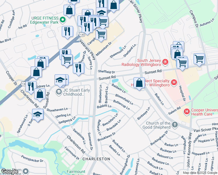 map of restaurants, bars, coffee shops, grocery stores, and more near 38 Bradford Lane in Willingboro