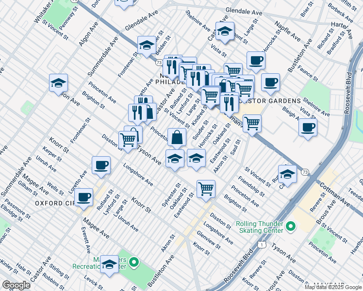 map of restaurants, bars, coffee shops, grocery stores, and more near 7105 Kindred Street in Philadelphia