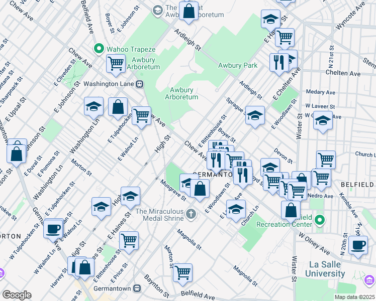map of restaurants, bars, coffee shops, grocery stores, and more near 5844 Chew Avenue in Philadelphia