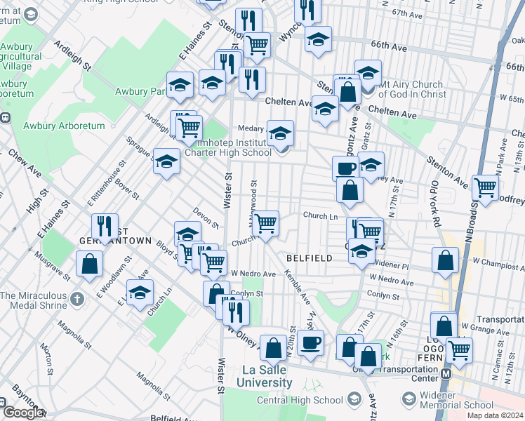 map of restaurants, bars, coffee shops, grocery stores, and more near 6038 North 21st Street in Philadelphia
