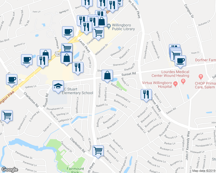 map of restaurants, bars, coffee shops, grocery stores, and more near 38 Bradford Lane in Willingboro