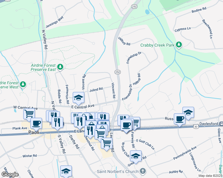 map of restaurants, bars, coffee shops, grocery stores, and more near 145 Jolind Road in Paoli