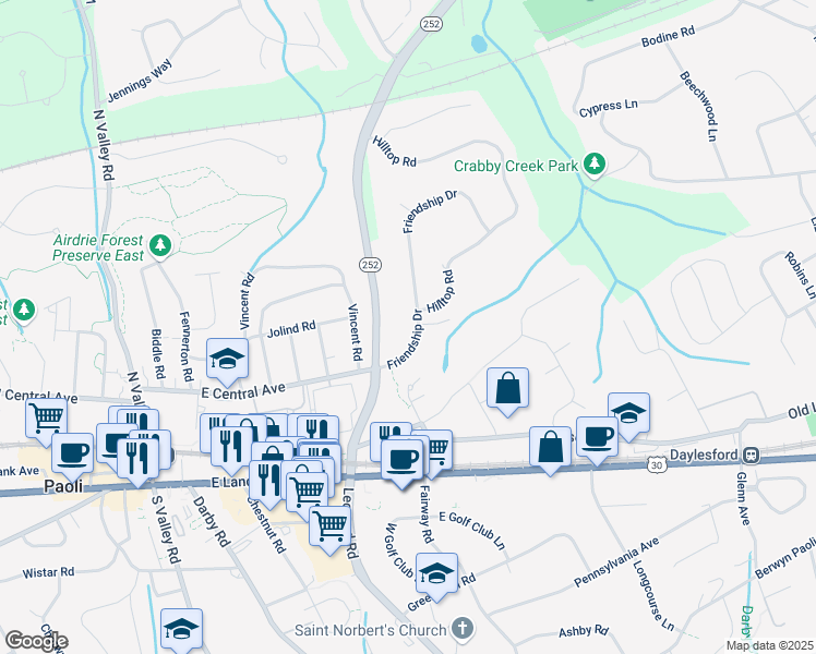 map of restaurants, bars, coffee shops, grocery stores, and more near 278 Friendship Drive in Paoli