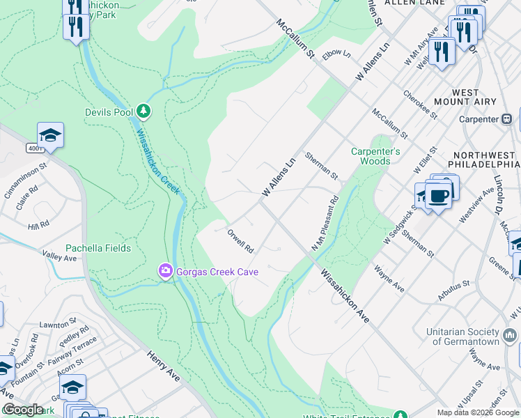 map of restaurants, bars, coffee shops, grocery stores, and more near 7280 Wissahickon Avenue in Philadelphia