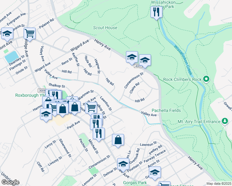 map of restaurants, bars, coffee shops, grocery stores, and more near 7203 Hill Road in Philadelphia