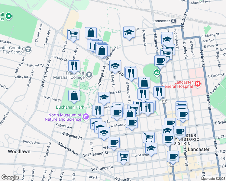 map of restaurants, bars, coffee shops, grocery stores, and more near 627 North Pine Street in Lancaster